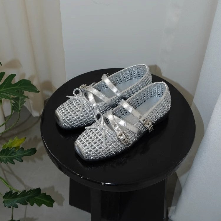 Damen Ballerina-Schuhe mit dekorativem Netzdesign und komfortablem Riemen EB