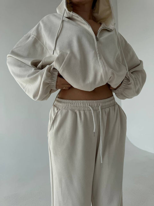 Damen Velours-Cropped-Kapuzenjacke mit Ballonärmeln und weiter Palazzo-Sweathose EB