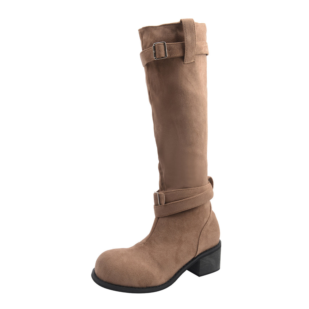 Damen hohe Stiefel mit modischen Schnallen und bequemem Blockabsatz EB