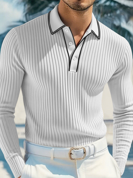 Herren nan schmal geschnittenes Rippstrick-Poloshirt mit Langarm, Kontrastpaspel und feiner Struktur EB