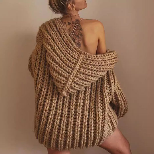 Damen lässige Strickweste mit Kapuze aus grobem Garn EB