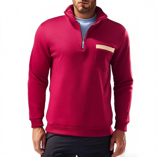 Herren nan feinstrukturiertes Halbzip-Feinstrickpullover mit Stehkragen, Brusttasche und schmaler Silhouette EB