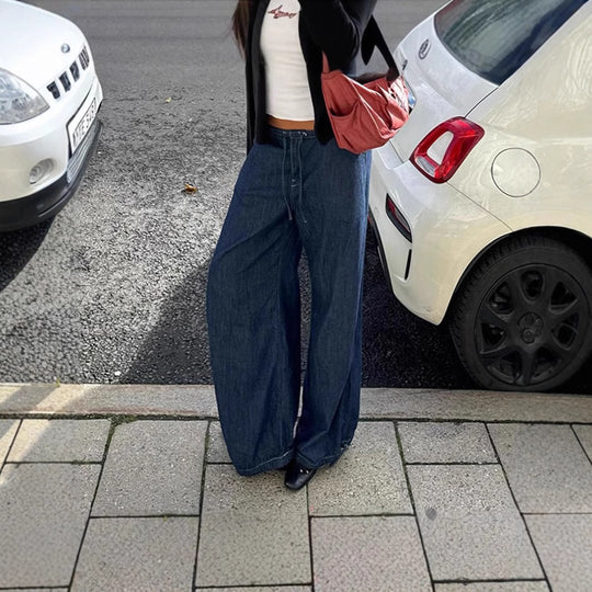 Damen Weite Jeans mit elastischem Taillenbund und verstellbarem Saum EB