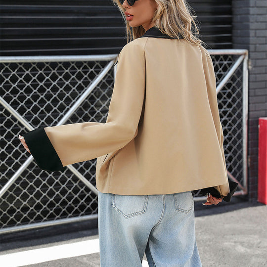 Damen lässige Jacke mit kontrastierenden Kragen und knöpfbarem Verschluss EB