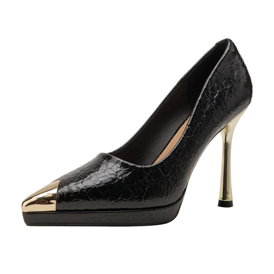 Damen elegante High Heels mit glamourösem Metall-Spitzen-Design EB