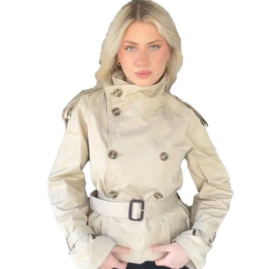 Damen Modischer Trenchcoat mit hohem Kragen und praktischen Seitentaschen EB