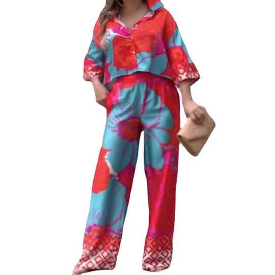 Damen lässiges Set mit cropped Bluse und weitem Hosen EB