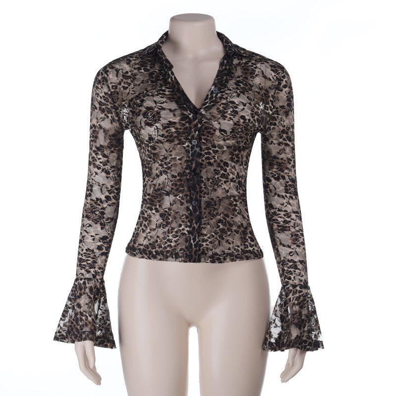 Damen Transparente Spitzenbluse mit Glockenärmeln EB