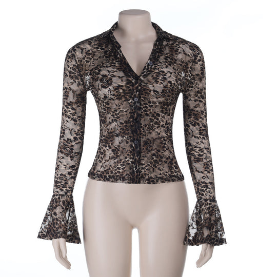 Damen Transparente Spitzenbluse mit Glockenärmeln EB