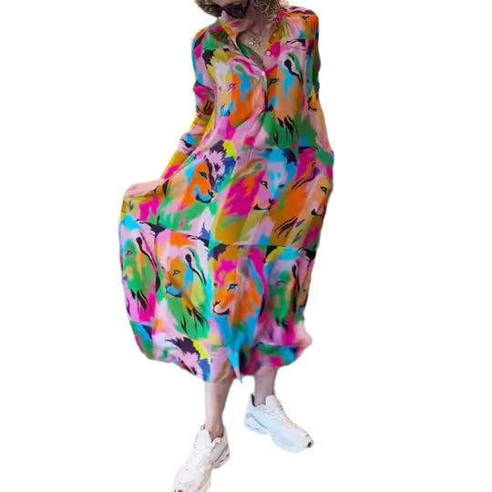 Damen Freizeit Maxikleid mit buntem Löwen-Design und praktischen Taschen Heidi-Mode