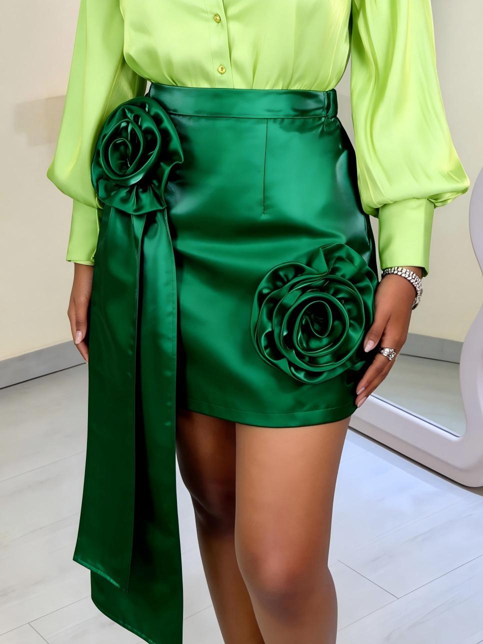 Damen Satinrock mit floralem Rüschen-Design und taillierter Schleife EB