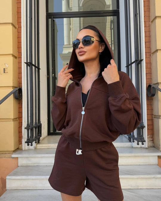 Damen lässiges Cropped Hoodie- und Shorts-Set mit praktischen Kordelzügen EB