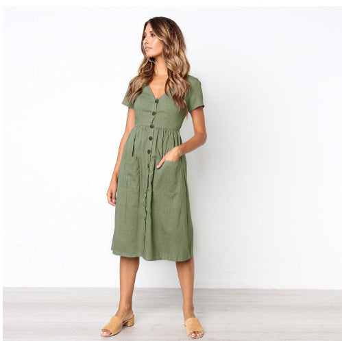 Damen Midi-Kleid mit Knopfleiste und praktischen Taschen EB