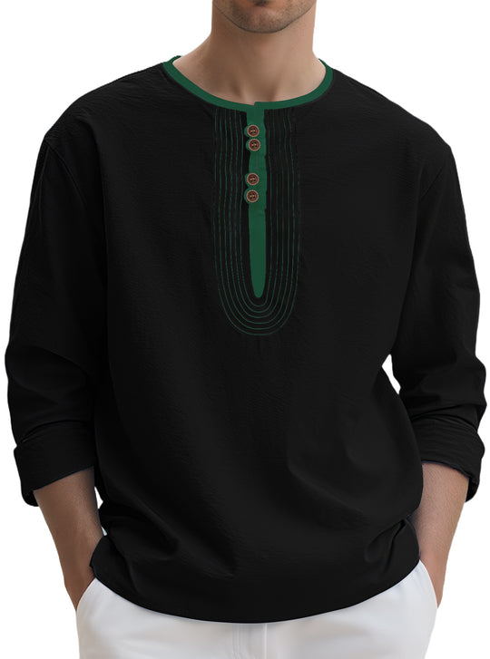 Herren nan weit geschnittenes Langarm-Kurta-Oberteil mit dekorativen Biesen und Holzknopfleiste EB