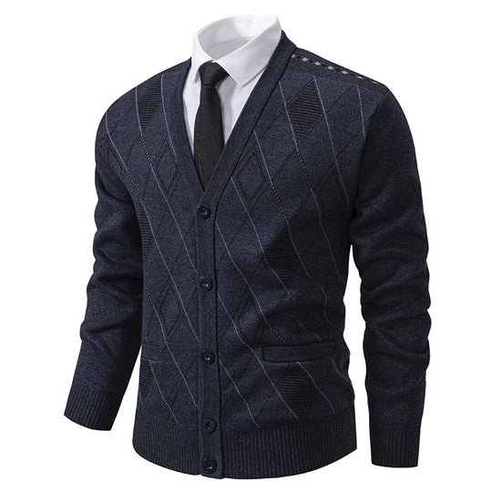 Herren nan feiner Rauten-Strickcardigan mit V-Ausschnitt, Knopfleiste und Eingriffstaschen EB