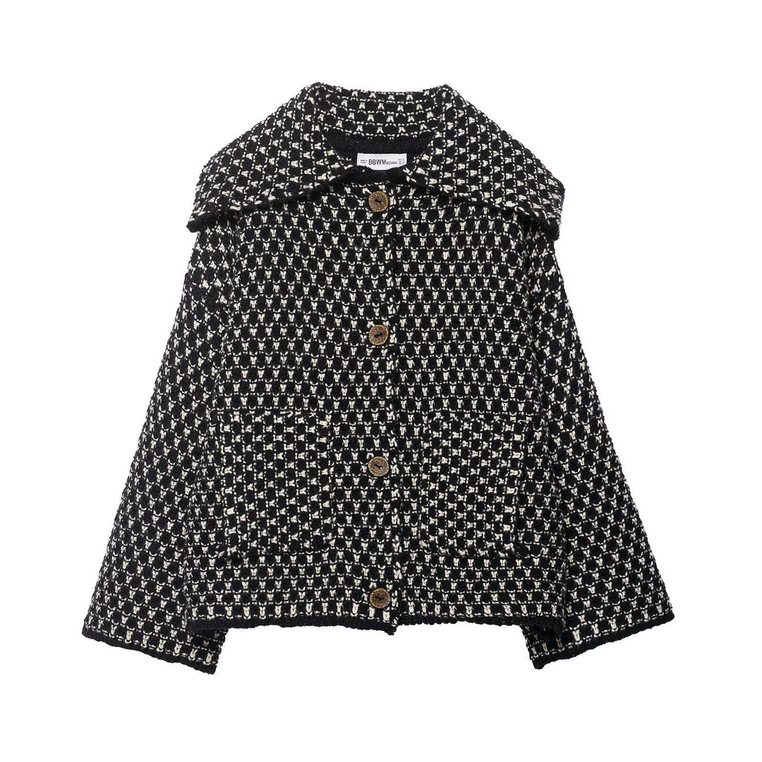 Damen nan kastige Bouclé-Tweedjacke mit großem Umlegekragen, aufgesetzten Taschen und dekorativen Holzknöpfen EB