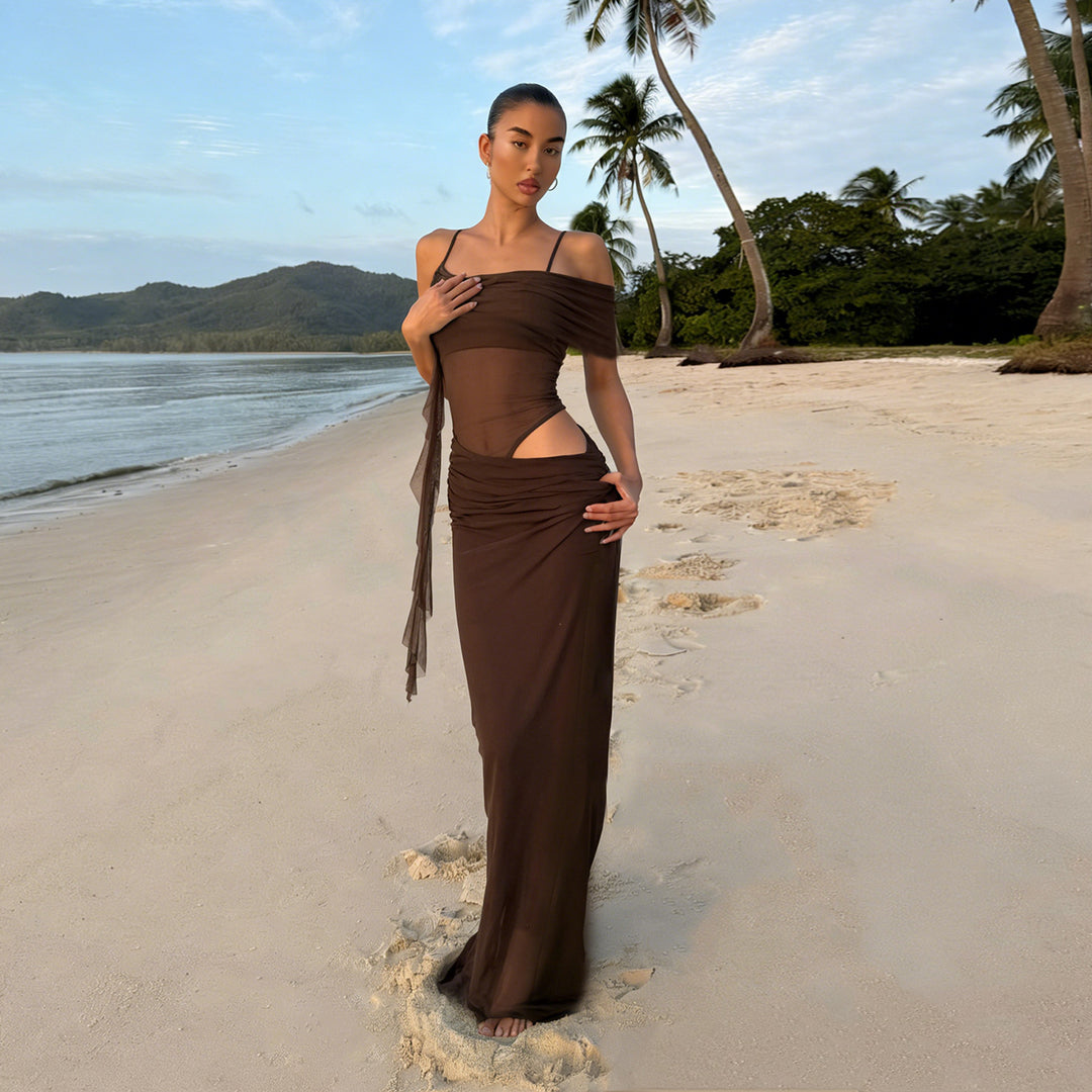Damen elegantes Abendkleid mit raffinierten Rüschendetails und transparenten Einsätzen EB