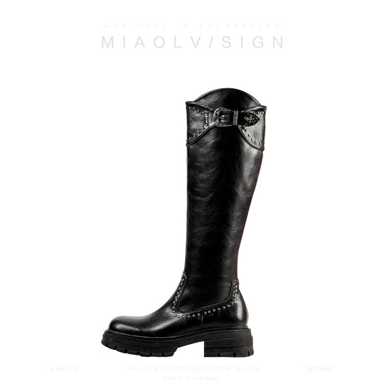 Damen elegante hohe Stiefel mit dekorativen Nieten und robustem Blockabsatz EB