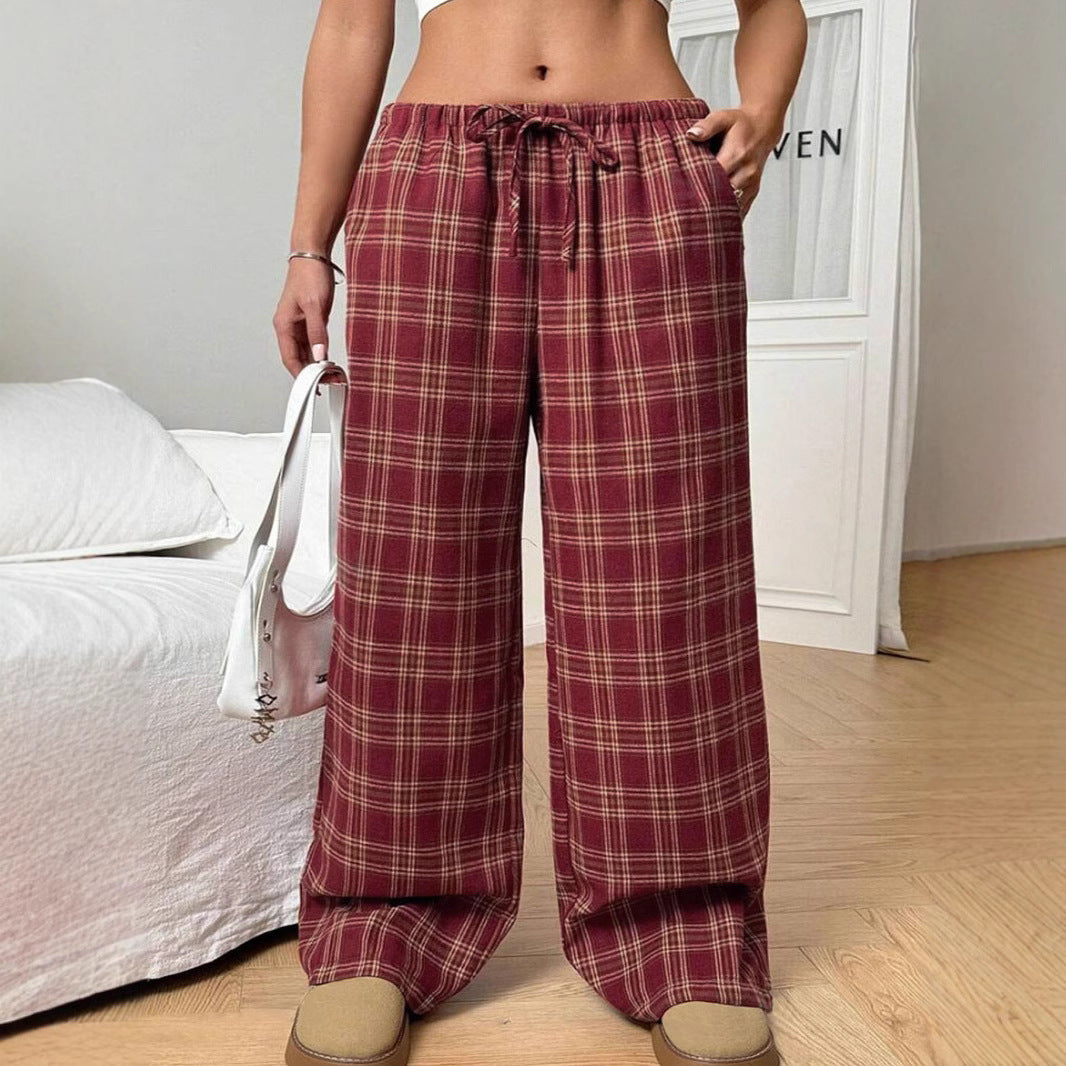 Damen Weite Karohose mit elastischem Bund und seitlichen Taschen EB
