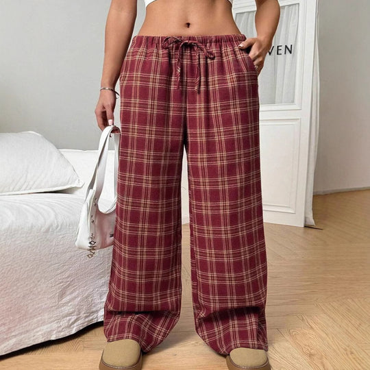 Damen Weite Karohose mit elastischem Bund und seitlichen Taschen EB