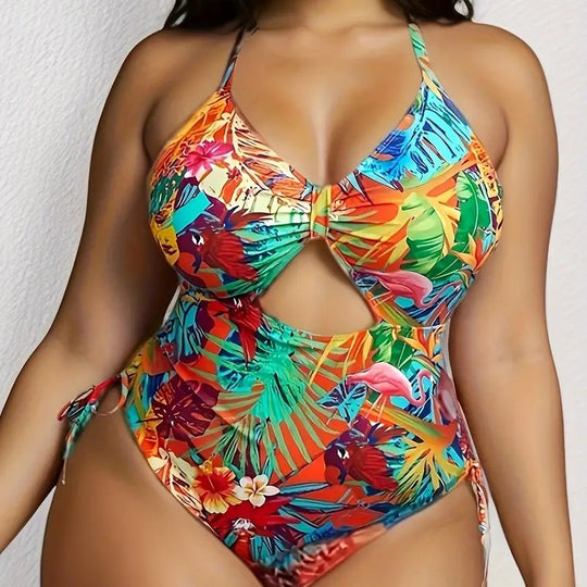 Damen Einteiliger Badeanzug mit exotischem Schnitt und buntem Tropen-Design EB