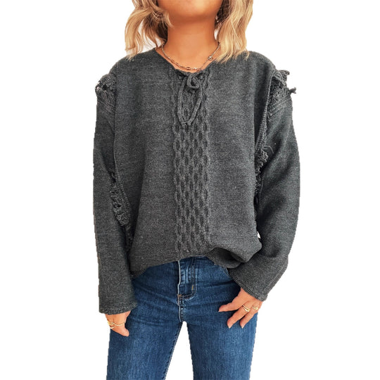 Damen Oversize-Strickpullover mit verspieltem Fransen-Design und Zopfmuster EB