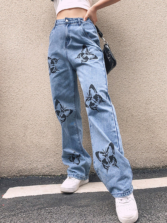 Damen Weit geschnittene Jeans mit kreativem Schmetterlingsdruck EB