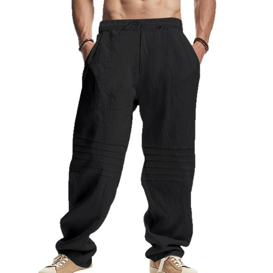 Herren nan lockere Leinen-Loungehose mit elastischem Tunnelzugbund, Seitentaschen und dekorativen Biesen EB