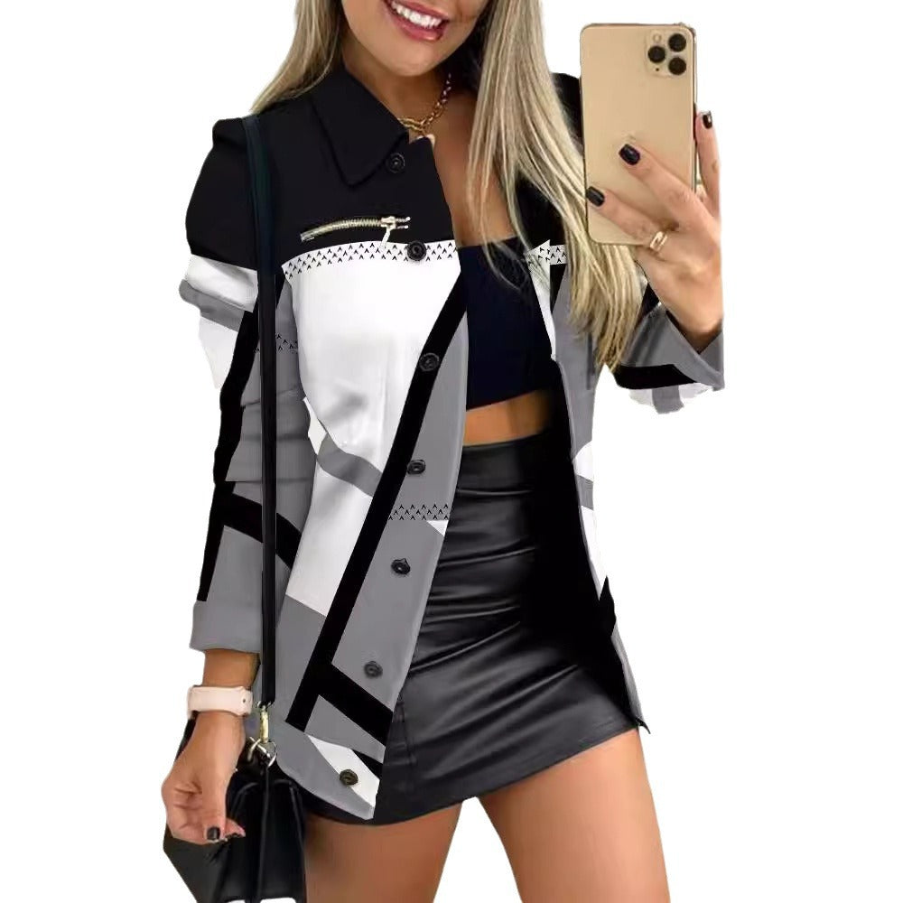 Damen nan karierter Longblazer im Shacket-Stil mit dekorativen Reißverschlüssen EB