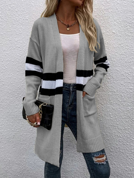 Damen Offene Strickjacke mit modernem Streifenmuster und praktischen Taschen EB