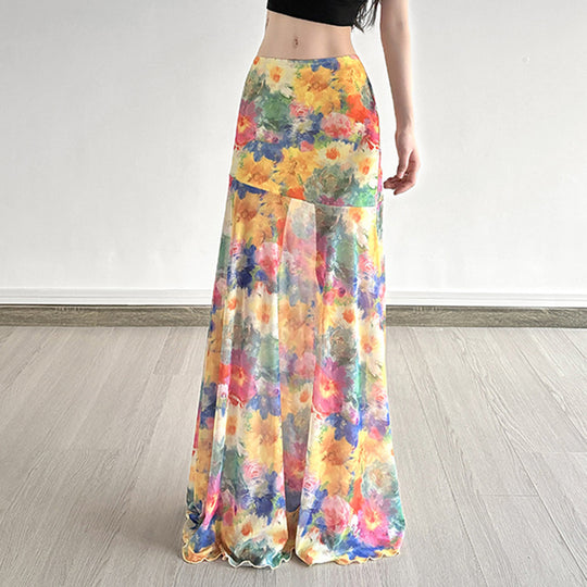 Damen Maxi-Rock mit floralem Chiffon-Design und schwingendem Saum EB