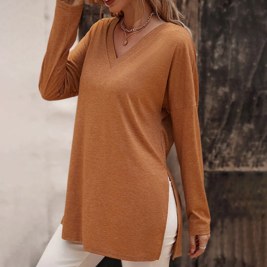 Damen lässige V-Neck Longsleeve-Tunika mit Seitenschlitzen und relaxed Fit Eichborn Berlin