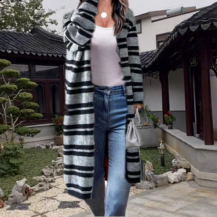 Damen lässiger Strickcardigan mit modernem Streifenmuster und offenem Schnitt EB