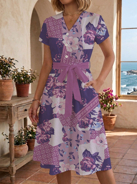 Damen Sommerliches Kleid mit taillierbarem Bindegürtel und floralem Muster EB