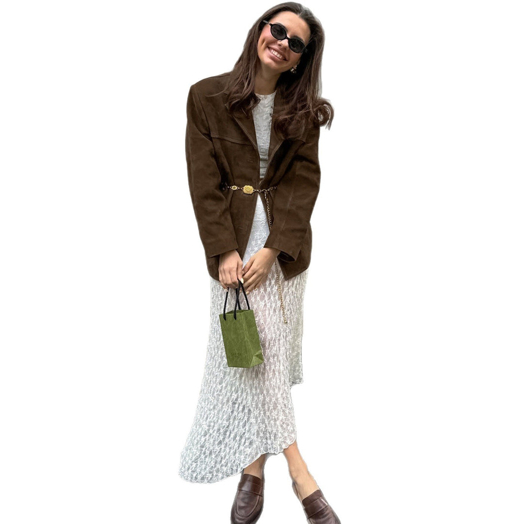 Damen elegante Wildlederjacke im Oversized-Stil mit Taschen EB