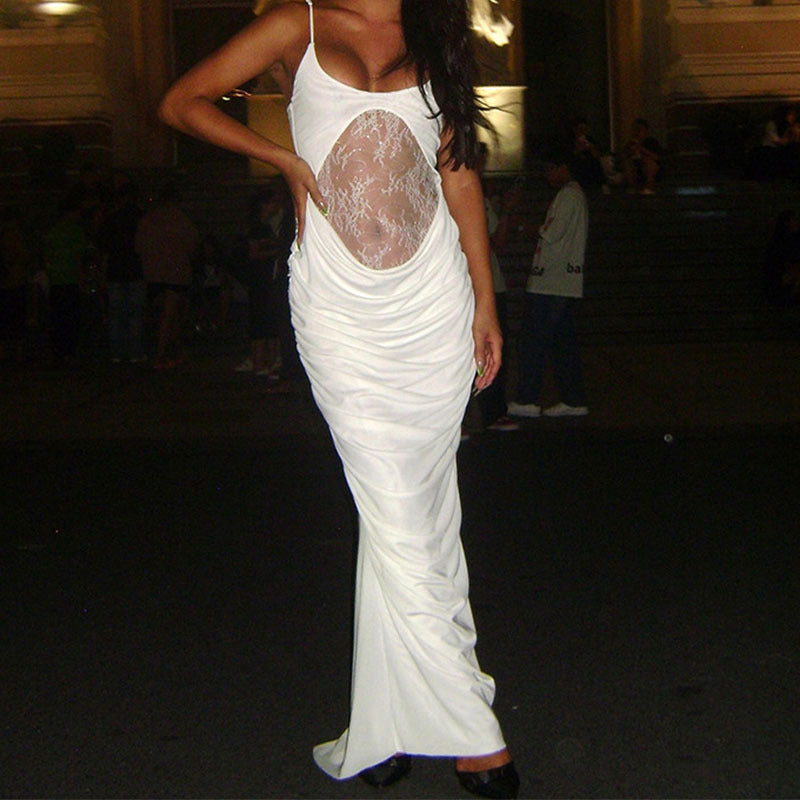 Damen Elegantes langes Kleid mit transparentem Spitzenbesatz und raffinierten Drapierungen EB