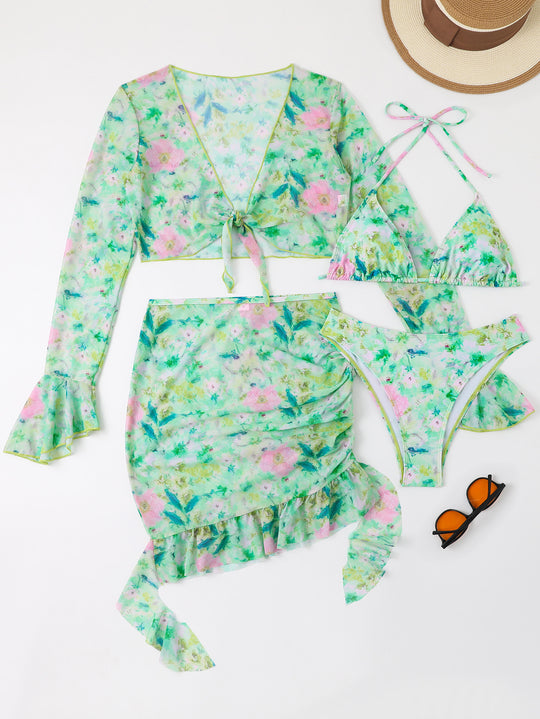 Damen Blusen-Badeoutfit mit buntem Blumenmuster EB