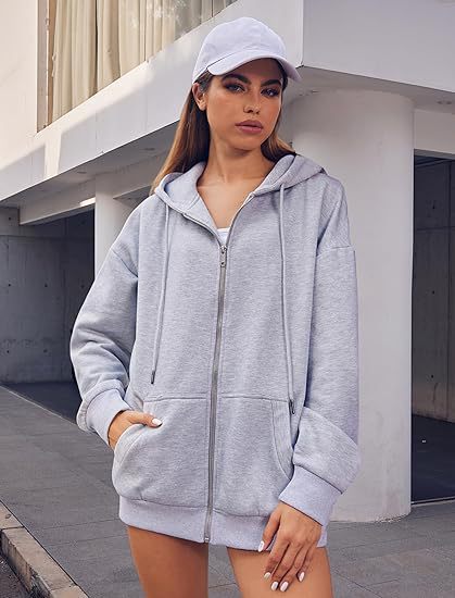 Damen nan oversized Zip-Kapuzenjacke mit kontrastierendem Reißverschluss, doppellagiger Kapuze und Kängurutasche EB