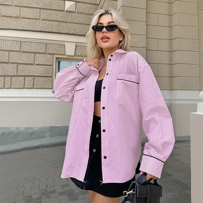Damen Oversized Hemdjacke mit strukturiertem Design und gestreiften Muster EB