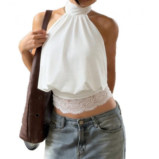Damen elegantes halterähnliches Top mit Spitzendetails und lockerem Schnitt EB