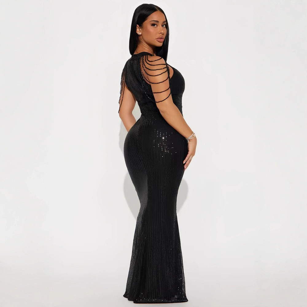 Damen Glamouröses Pailletten Abendkleid mit raffinierten Ärmelverzierungen EB