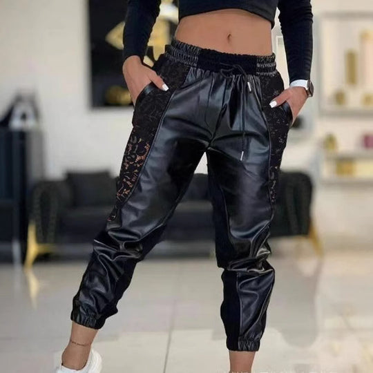 Damen Trendige Kunstleder Jogginghose mit Spitzenbesatz EB