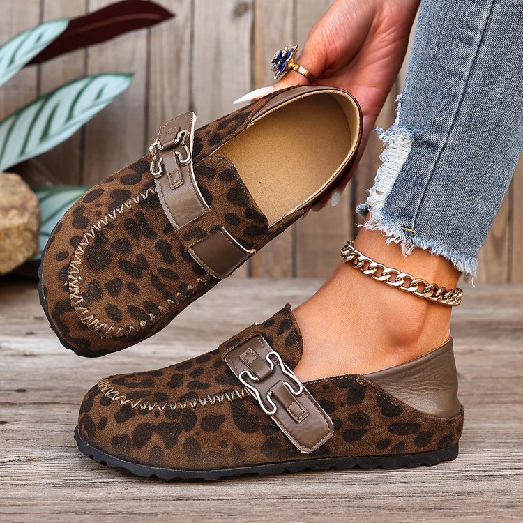 Damen Mokassin-Slipper aus Veloursleder mit dekorativer Metall-Schnalle EB