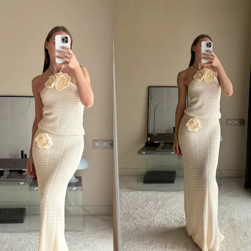 Damen Häkel-Maxikleid mit hohem Schlitzausschnitt EB