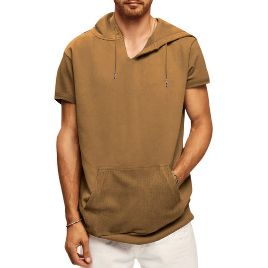 Herren nan lässiges kurzärmeliges Kapuzen-Shirt im weiten Schnitt mit Kängurutasche und Kordelzug EB