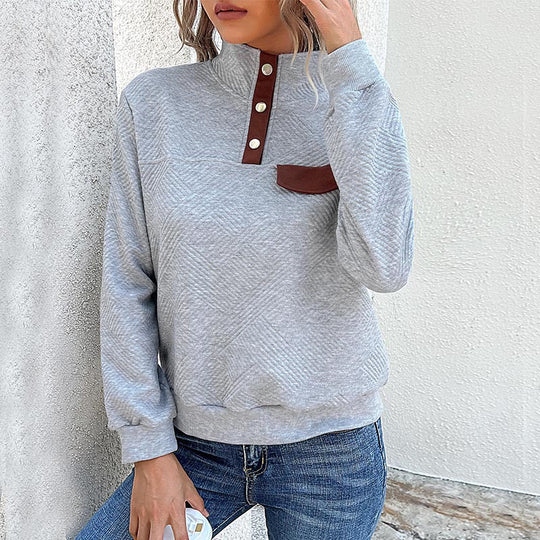 Damen Stehkragen Sweatshirt mit Knopfdetails und Brusttasche EB