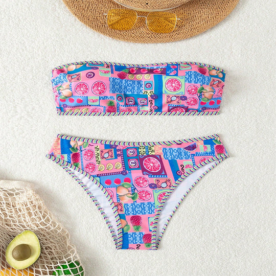Damen Bandeau-Bikini mit buntem Fruchtmuster EB