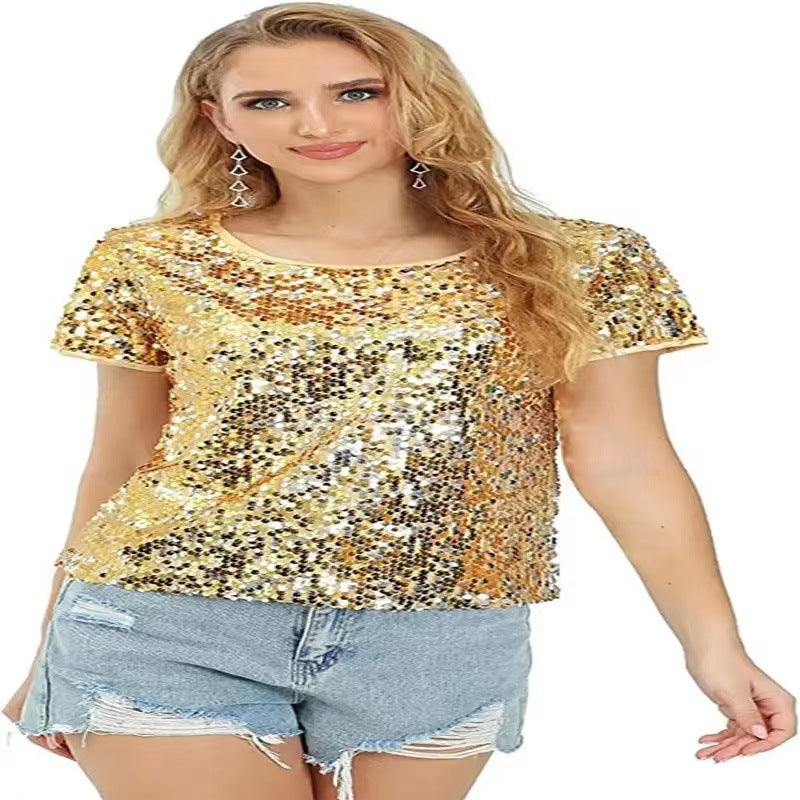 Damen Glitzerndes Pailletten T-Shirt mit lässigem Schnitt und komfortablem Baumwollmaterial EB
