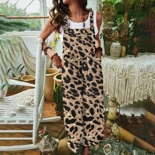 Damen lässiger Jumpsuit mit modischem Leopardenmuster und praktischen Taschen EB
