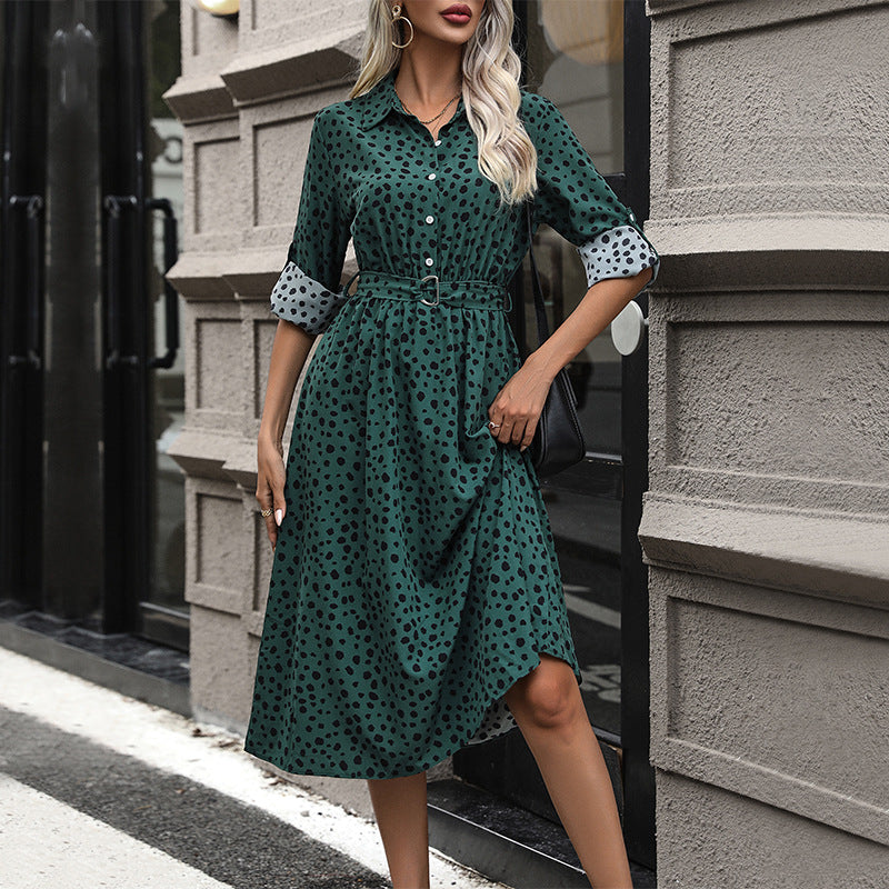 Damen Midi-Kleid mit punktiertem Muster und tailliertem Gürtel EB